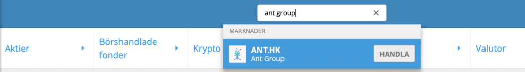 Söka efter Ant Group aktier på eToro.