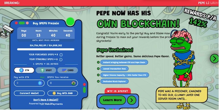 Pepe Unchained kryptovaluta hemsida